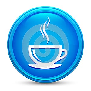 Coffee cup icon glass shiny blue round button isolated design vector illustration