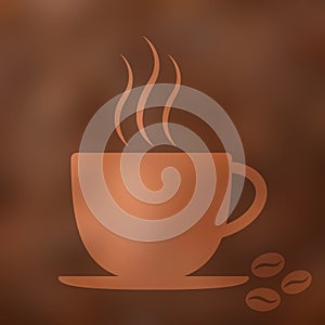 Coffee cup icon with steam, beans, blurred background.