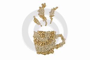 Coffee cup image made up of unroasted coffee beans, isolated on white background