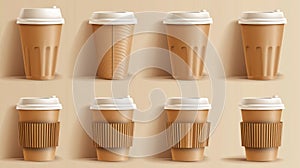 Coffee cup isolated modern mockup set. Eco tea mug with plastic lid cover and empty branding design. Brown disposable