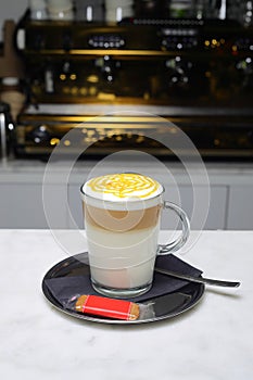 coffee cup latte art in cafe on wooden table.Classic Coffee Cup, Italian Cappuccino, Delicious Morning hot drink