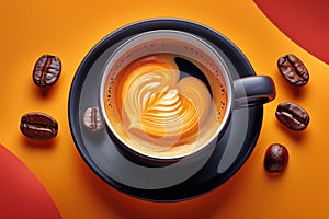 Coffee cup with latte art and coffee beans on a colorful background