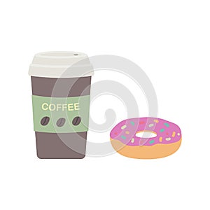 A coffee Cup with a lid and a glazed donut. Breakfast in the cafe.