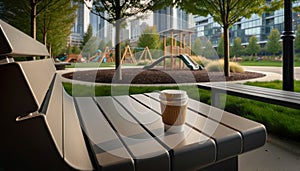 Coffee cup lid resting on a modern park bench, distant view of a playground and trees