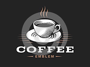 Coffee cup logo - vector illustration, emblem on black background