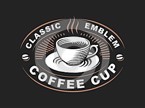 Coffee cup logo - vector illustration, emblem on black background