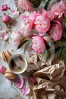 Coffee cup with macarons and pink peonies on a light background., Generated AI