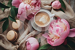 Coffee cup with macarons and pink peonies on a light background., Generated AI