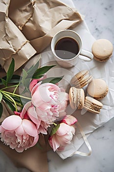 Coffee cup with macarons and pink peonies on a light background., Generated AI