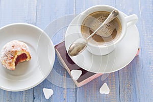 Coffee cup milk sweet dessert bitten donuts icing sugar