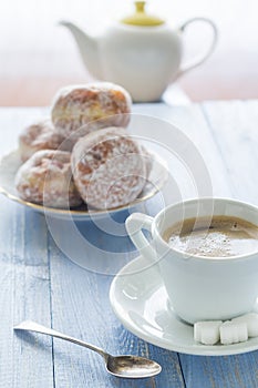 Coffee cup milk sweet dessert donuts icing sugar