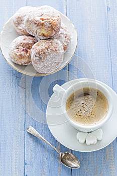 Coffee cup milk sweet dessert donuts icing sugar