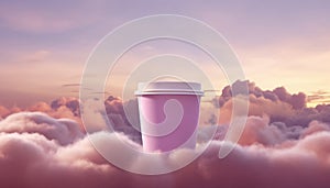 Coffee cup mockup. Paper pink coffee cup on clouds sky purple background copy space. Blank template coffee mug. To-go cup. Takeout