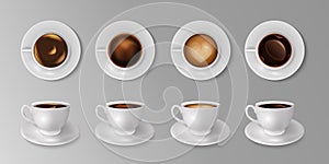 Coffee cup mockup. Top and side view of mug with latte, black tea, cappuccino or espresso, isolated cafe, restaurant and