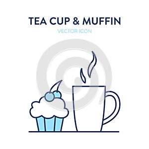 Coffee cup and muffin icon. Vector illustration of a cup with hot drink and a cupcake. Tea or coffee in a mug and muffin with