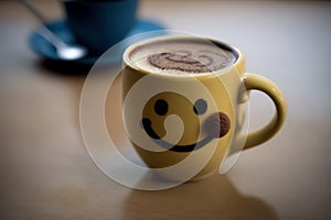 Coffee cup or mug with smiley happy face sitting on a table. Ai generated