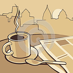 Coffee cup and news paper on table. Vector vintage monochrome illustration. Hand drawn sketch for poster, web, banner