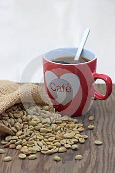 Coffee cup next to burlap sack with unroasted coffee beans