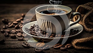 coffee cup next to the image of coffee beans.