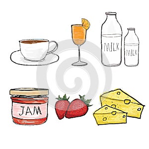 Coffee cup,orange juice,milk, jam, stawberry, cheese chunk