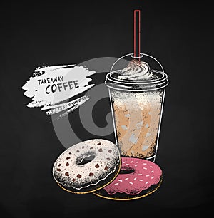 Coffee cup with paper bag and donut