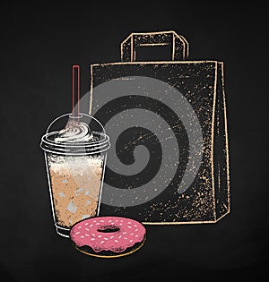 Coffee cup with paper bag and donut