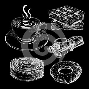 Coffee cup with pastries chalk sketch on black chalkboard. bakery goods, sweet desserts on blackboard with tea mug. breakfast