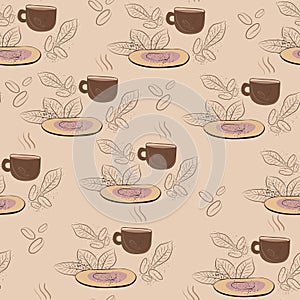 Coffee cup patern with saucer and coffee leaves on brown background, pattern with brown dishes and plants and splashes