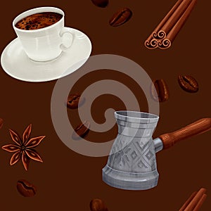 Coffee Cup Pattern with Cinnamon, Beans and Cezve
