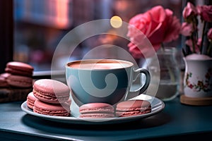 Coffee cup and pink macarons on teal table.