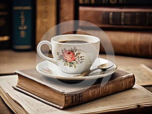 A coffee cup placed on a stack of old books