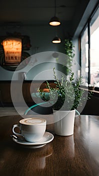 Coffee cup and plant adorn table in cozy coffee shop interior