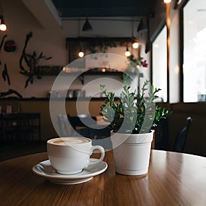 Coffee cup and plant adorn table in cozy coffee shop interior