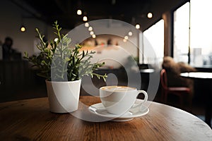 Coffee cup and plant adorn table in cozy coffee shop interior photo