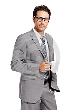 Coffee cup, portrait and business man in studio with glasses, confidence or attitude on white background. Morning, start