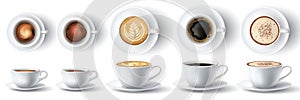 Coffee cup. Realistic hot ristretto, espresso, foam americano, latte and cappuccino with cream in cups. Mug front and photo