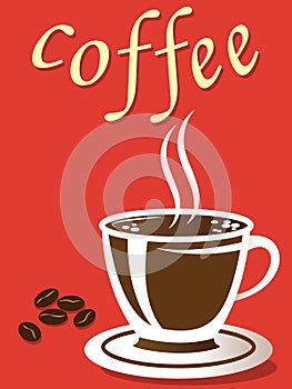 Coffee cup on a red design poster with lettering