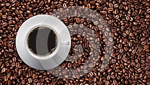 Coffee cup on roast coffee bean with text copy space.