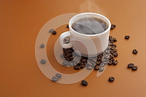 Coffee cup and roasted beans arranged as clock face on brown background. Coffee time concept. Coffee as a symbol of morning energy