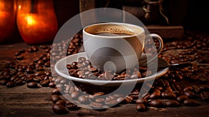 Coffee cup with roasted beans on wooden table