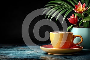 Coffee cup on a rustic table with tropical plants against dark background