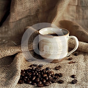 Coffee Cup on Sack of Coffee Beans