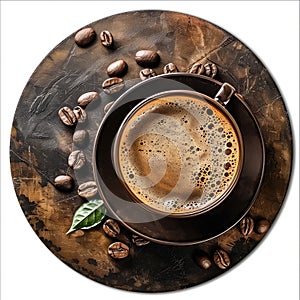 Coffee cup on saucer with beans and leaves, coffee drinkware circular