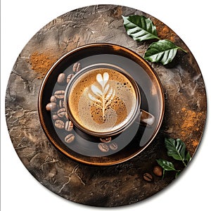 Coffee cup on saucer with beans and leaves, coffee drinkware circular