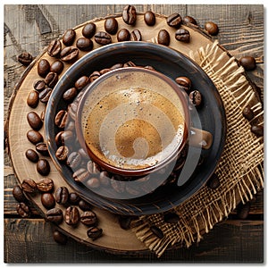 Coffee cup on saucer with beans and leaves, coffee drinkware circular