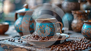 Coffee Cup and Saucer With Coffee Beans on Table