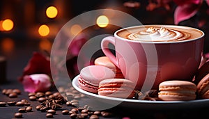 Coffee cup, saucer, and cookie on a rustic table generated by AI