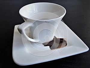 Coffee cup and saucer. Dirty dishes.