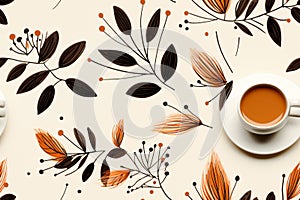 a coffee cup and saucer on a floral pattern