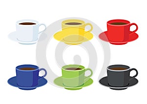 Coffee cup on saucer and many coffee cups multi color White yellow red blue green black